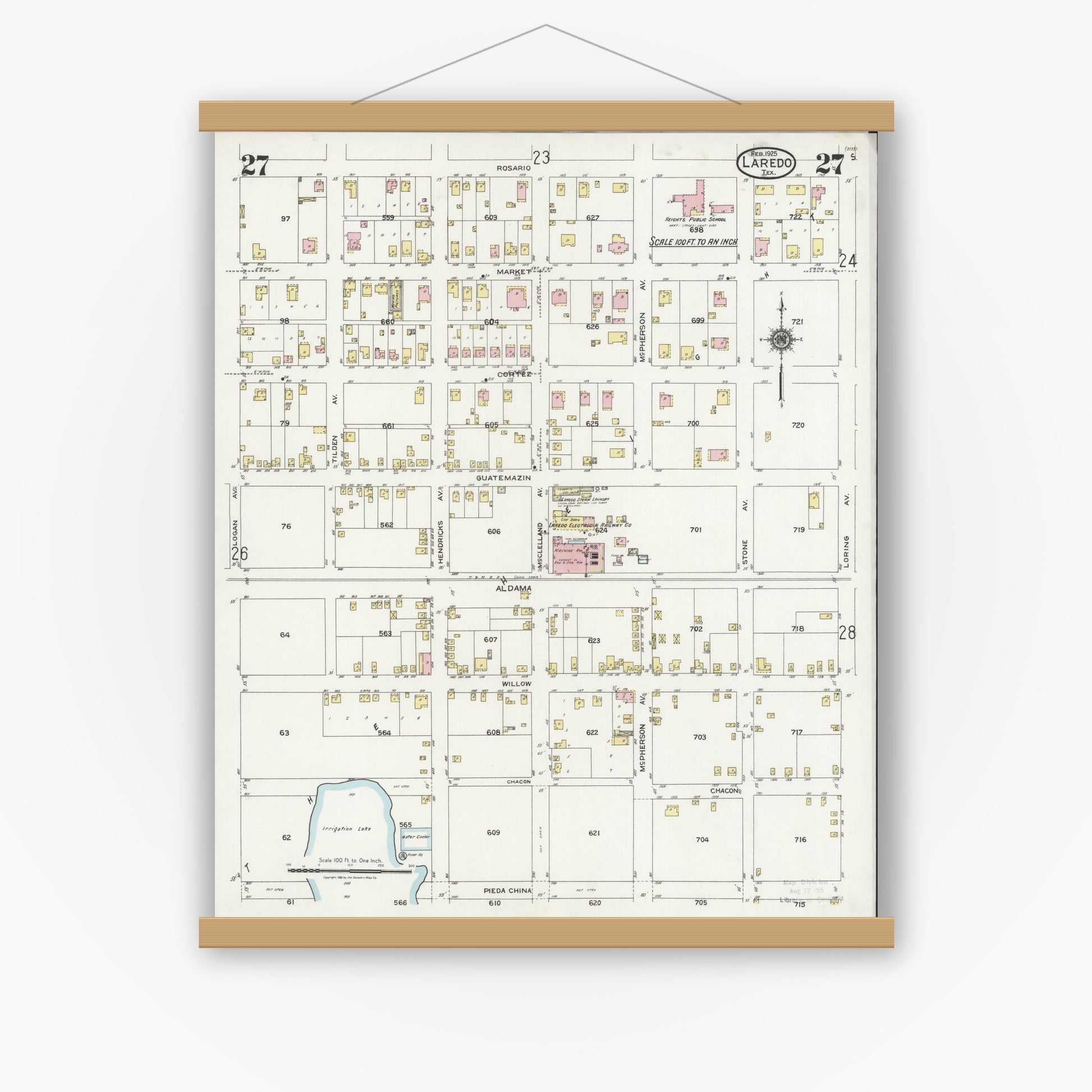 Old map wall art mockup — magnetic wood frame on white wall — Sanborn Fire Insurance Map from Laredo, Webb County, Texas (1925), Sheet #0027