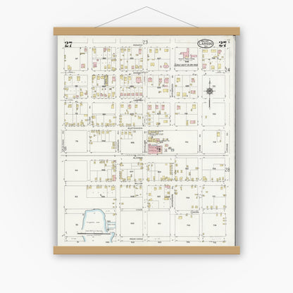 Old map wall art mockup — magnetic wood frame on white wall — Sanborn Fire Insurance Map from Laredo, Webb County, Texas (1925), Sheet #0027