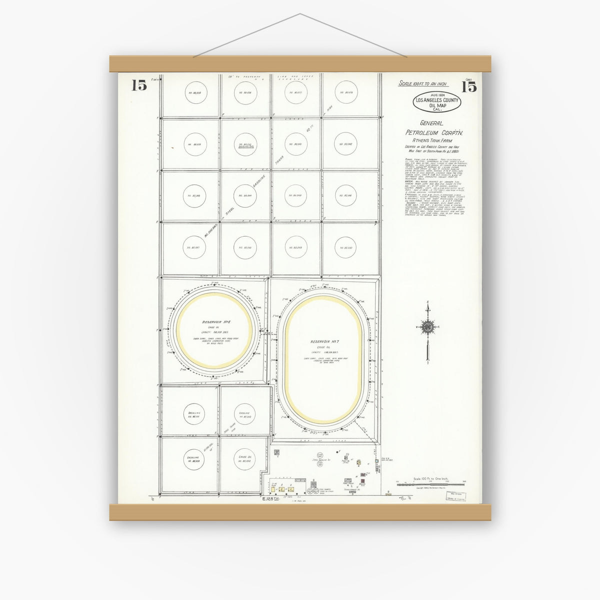 Old map wall art mockup — magnetic wood frame on white wall — Sanborn Fire Insurance Map from Los Angeles Co., Los Angeles County, California (1924), Sheet #0015