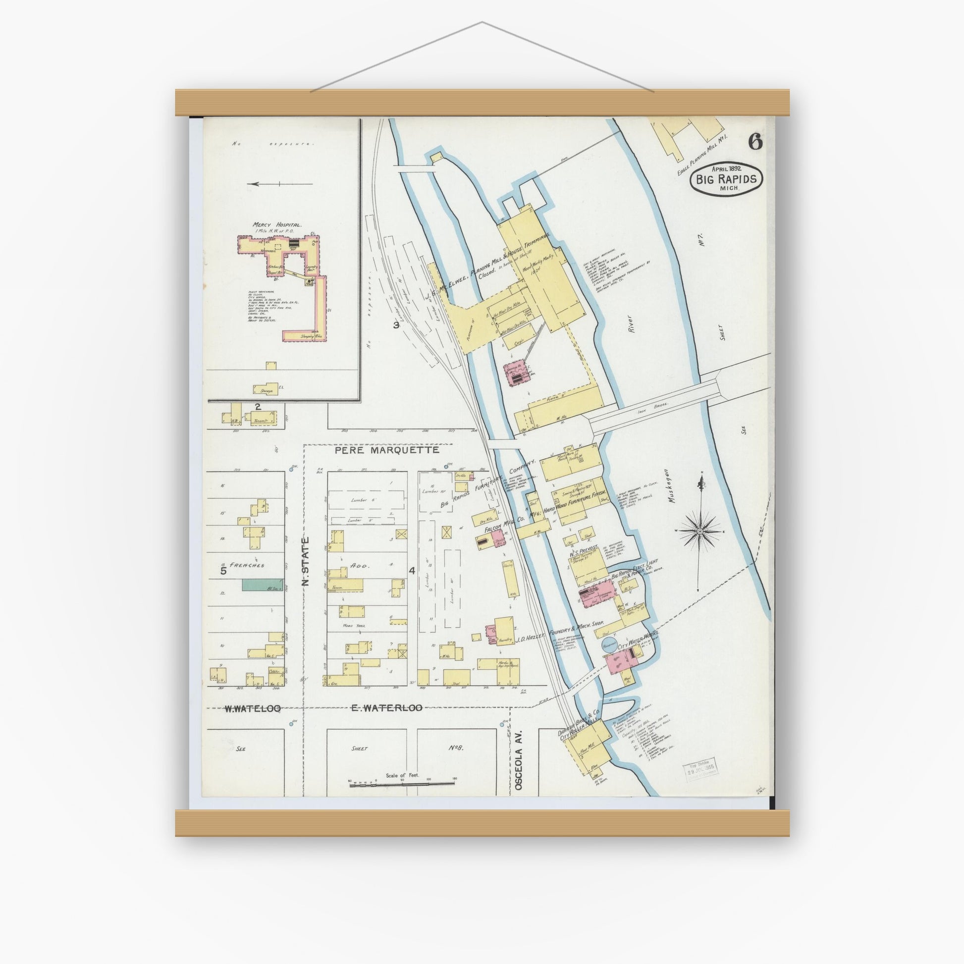 Old map wall art mockup — magnetic wood frame on white wall — Sanborn Fire Insurance Map from Big Rapids, Mecosta County, Michigan (1892), Sheet #0006