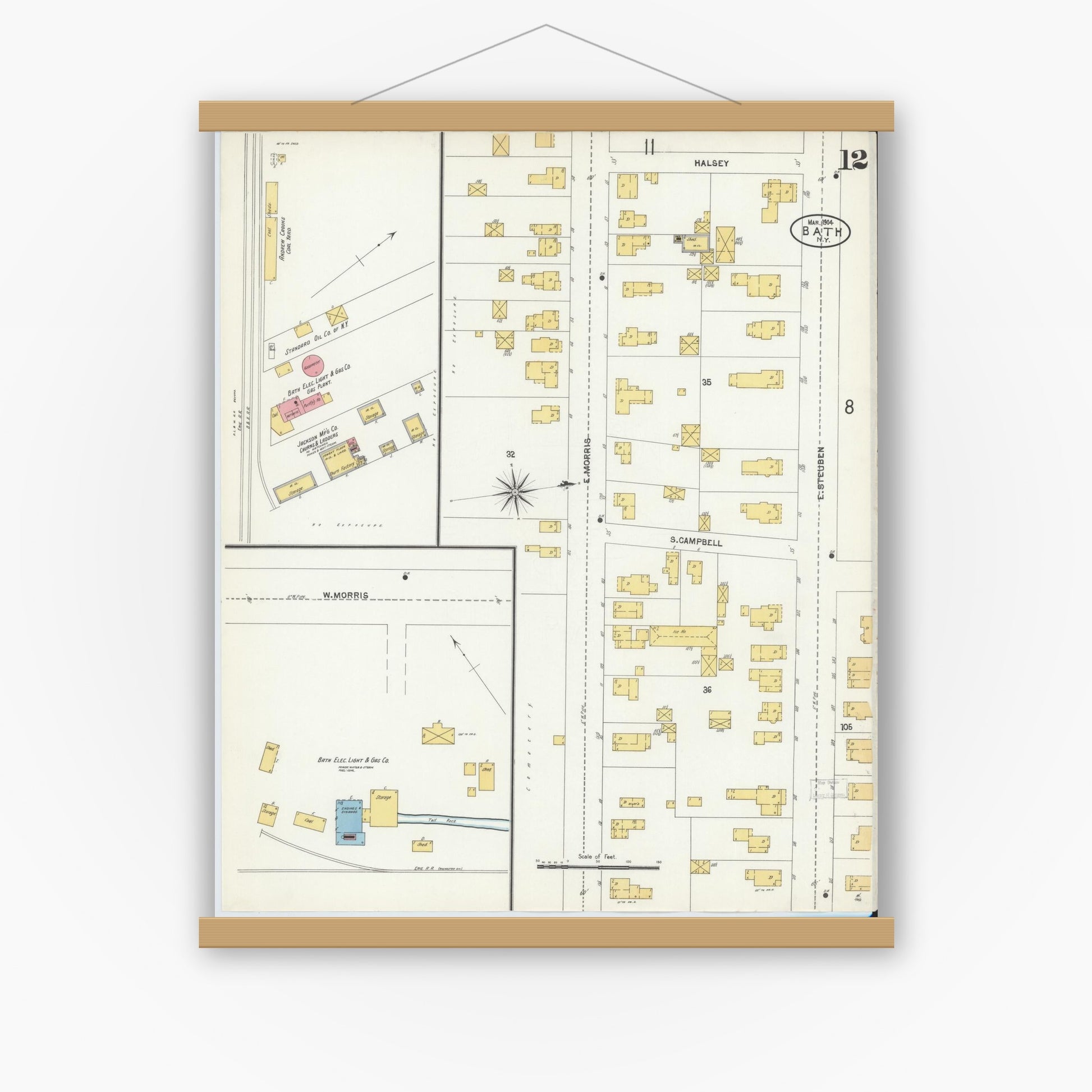 Old map wall art mockup — magnetic wood frame on white wall — Sanborn Fire Insurance Map from Bath, Steuben County, New York (1904), Sheet #0012