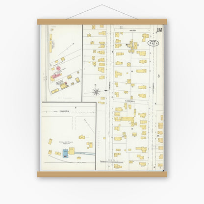 Old map wall art mockup — magnetic wood frame on white wall — Sanborn Fire Insurance Map from Bath, Steuben County, New York (1904), Sheet #0012