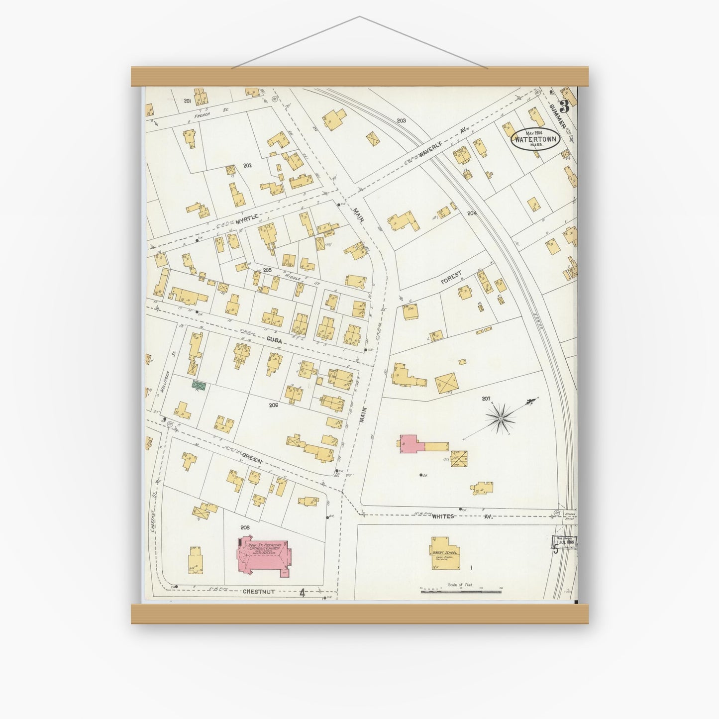 Old map wall art mockup — magnetic wood frame on white wall — Sanborn Fire Insurance Map from Watertown, Middlesex County, Massachusetts (1904), Sheet #0003