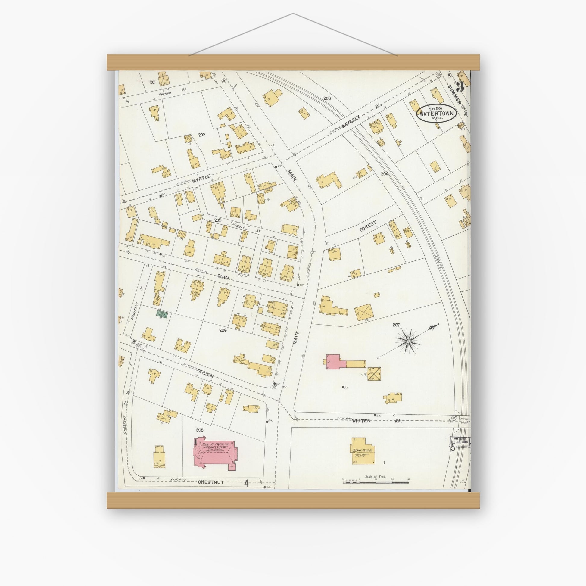 Old map wall art mockup — magnetic wood frame on white wall — Sanborn Fire Insurance Map from Watertown, Middlesex County, Massachusetts (1904), Sheet #0003