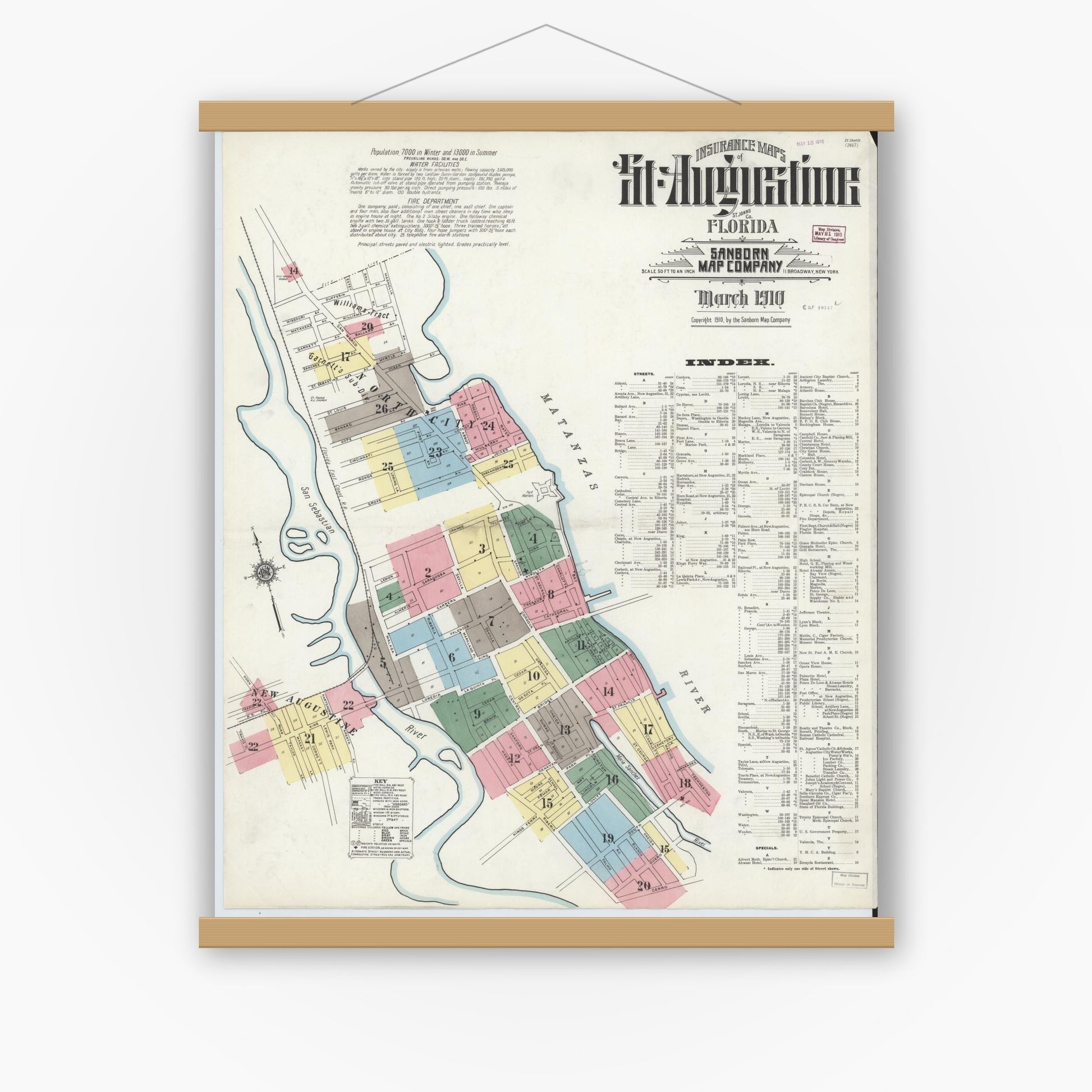 Old map wall art mockup — magnetic wood frame on white wall — Sanborn Fire Insurance Map from Saint Augustine, Saint John's County, Florida (1910), Sheet #0001
