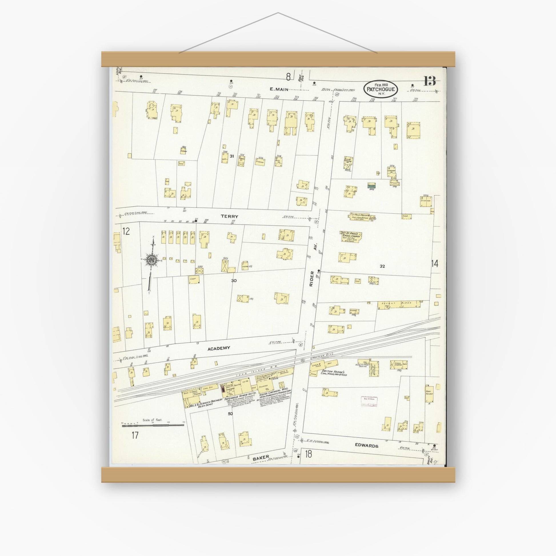 Old map wall art mockup — magnetic wood frame on white wall — Sanborn Fire Insurance Map from Patchogue, Suffolk County, New York (1910), Sheet #0013