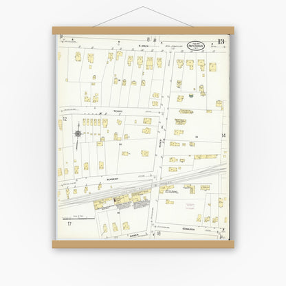 Old map wall art mockup — magnetic wood frame on white wall — Sanborn Fire Insurance Map from Patchogue, Suffolk County, New York (1910), Sheet #0013