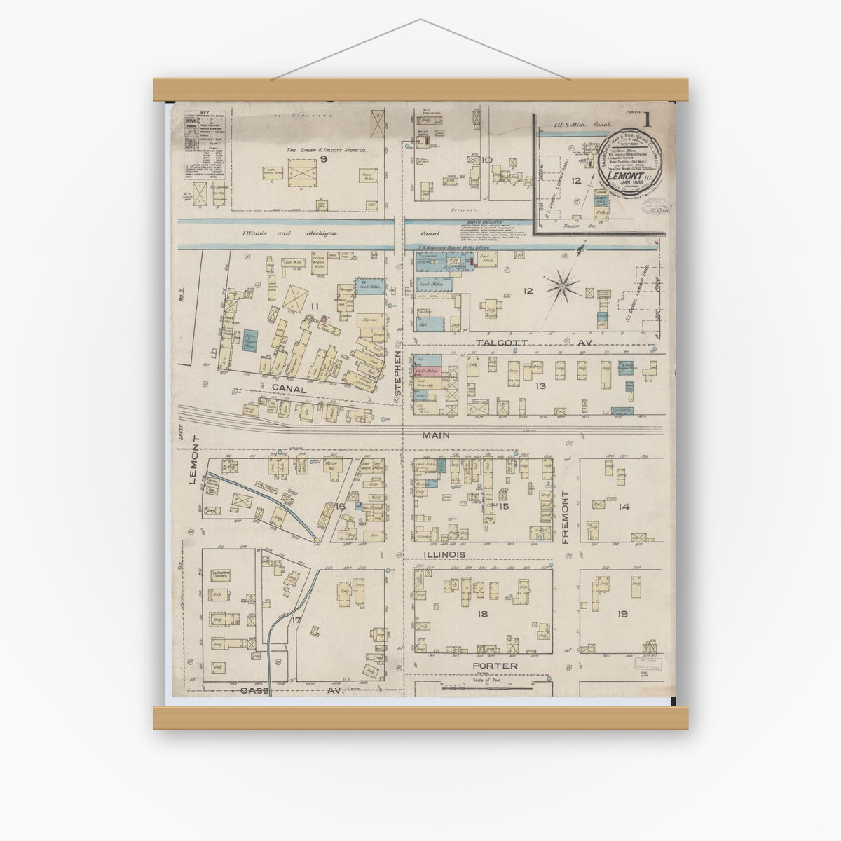 Old map wall art mockup — magnetic wood frame on white wall — Sanborn Fire Insurance Map from Lemont, Cook County, Illinois (1886) - Complete Map Set