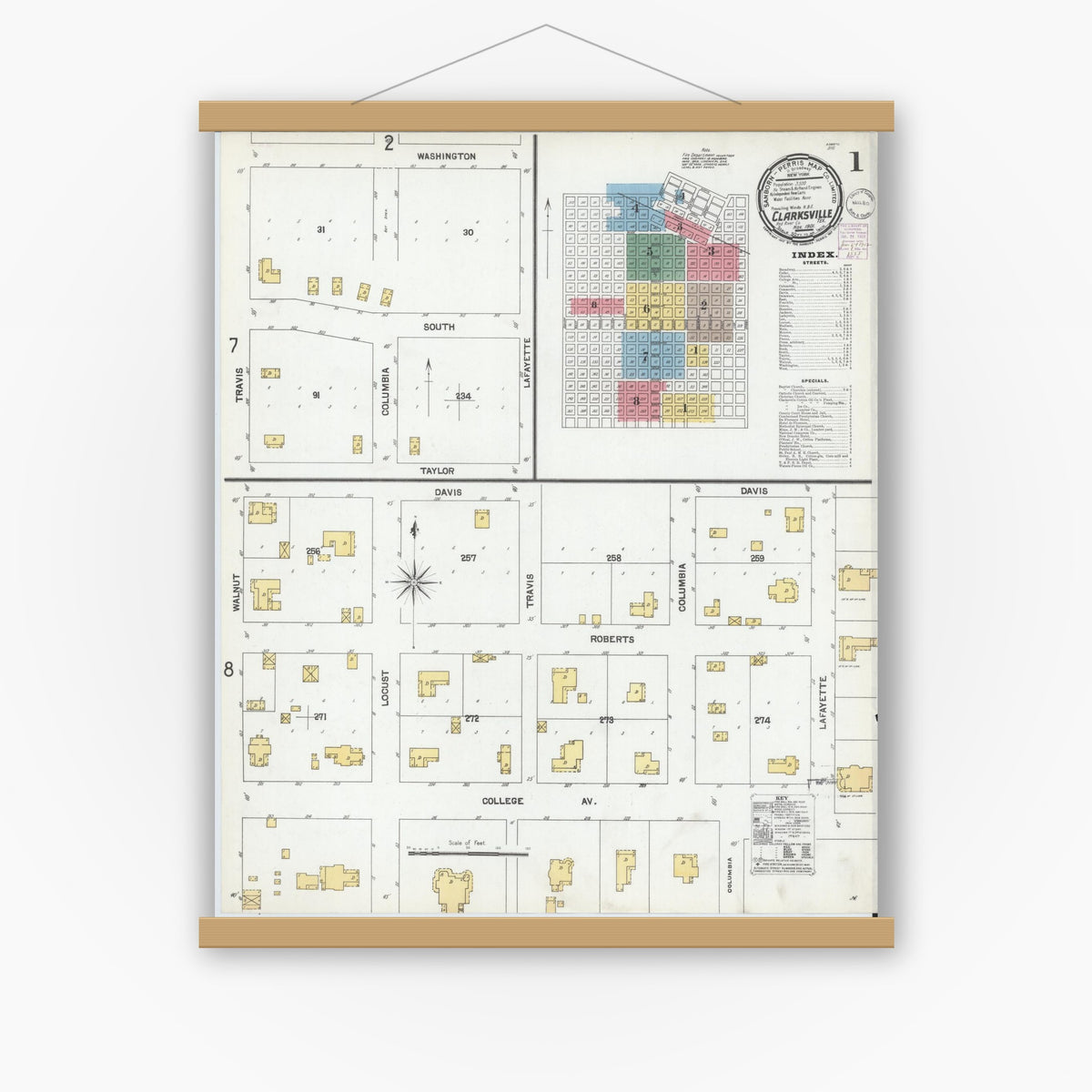Old map wall art mockup — magnetic wood frame on white wall — Sanborn Fire Insurance Map from Clarksville, Red River County, Texas (1901) - Complete Map Set