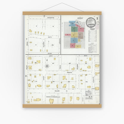 Old map wall art mockup — magnetic wood frame on white wall — Sanborn Fire Insurance Map from Clarksville, Red River County, Texas (1901) - Complete Map Set