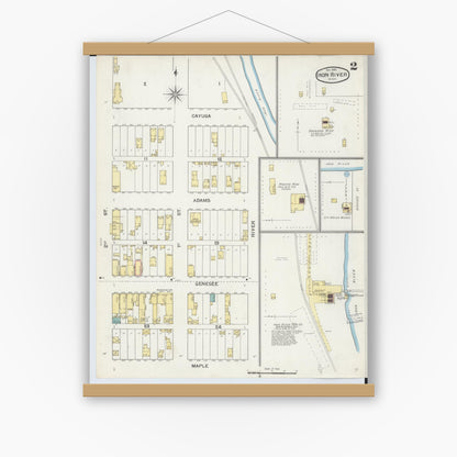 Old map wall art mockup — magnetic wood frame on white wall — Sanborn Fire Insurance Map from Iron River, Iron County, Michigan (1892), Sheet #0002