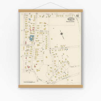 Old map wall art mockup — magnetic wood frame on white wall — Sanborn Fire Insurance Map from Greenfield, Franklin County, Massachusetts (1922), Sheet #0012