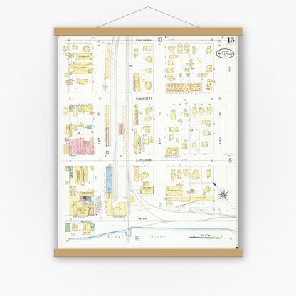 Old map wall art mockup — magnetic wood frame on white wall — Sanborn Fire Insurance Map from Waterloo, Black Hawk County, Iowa (1906), Sheet #0015