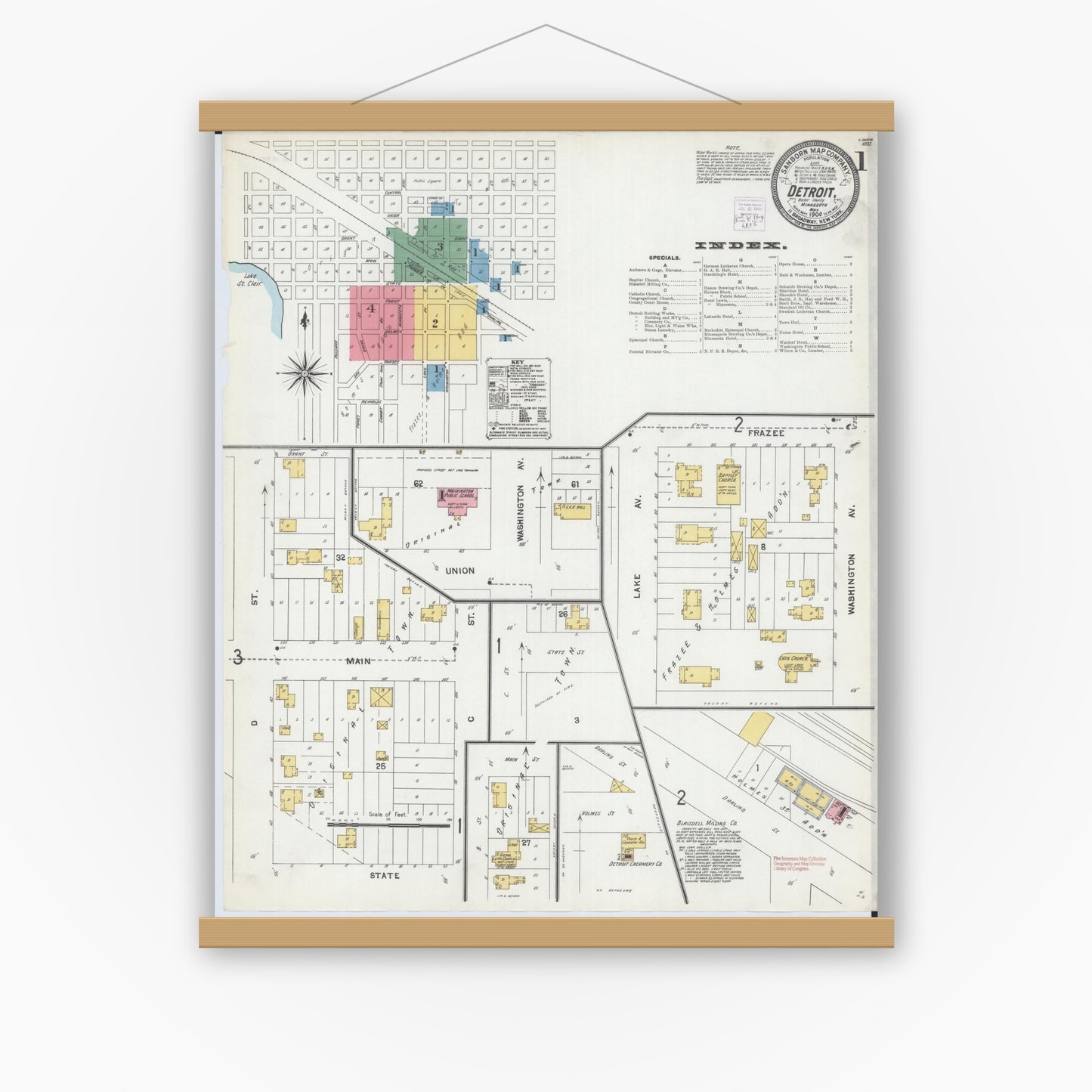 Old map wall art mockup — magnetic wood frame on white wall — Sanborn Fire Insurance Map from Detroit Lakes, Becker County, Minnesota (1904), Sheet #0001