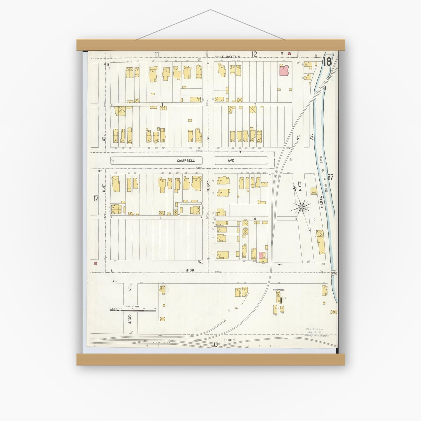 Old map wall art mockup — magnetic wood frame on white wall — Sanborn Fire Insurance Map from Hamilton, Butler County, Ohio (1899), Sheet #0018