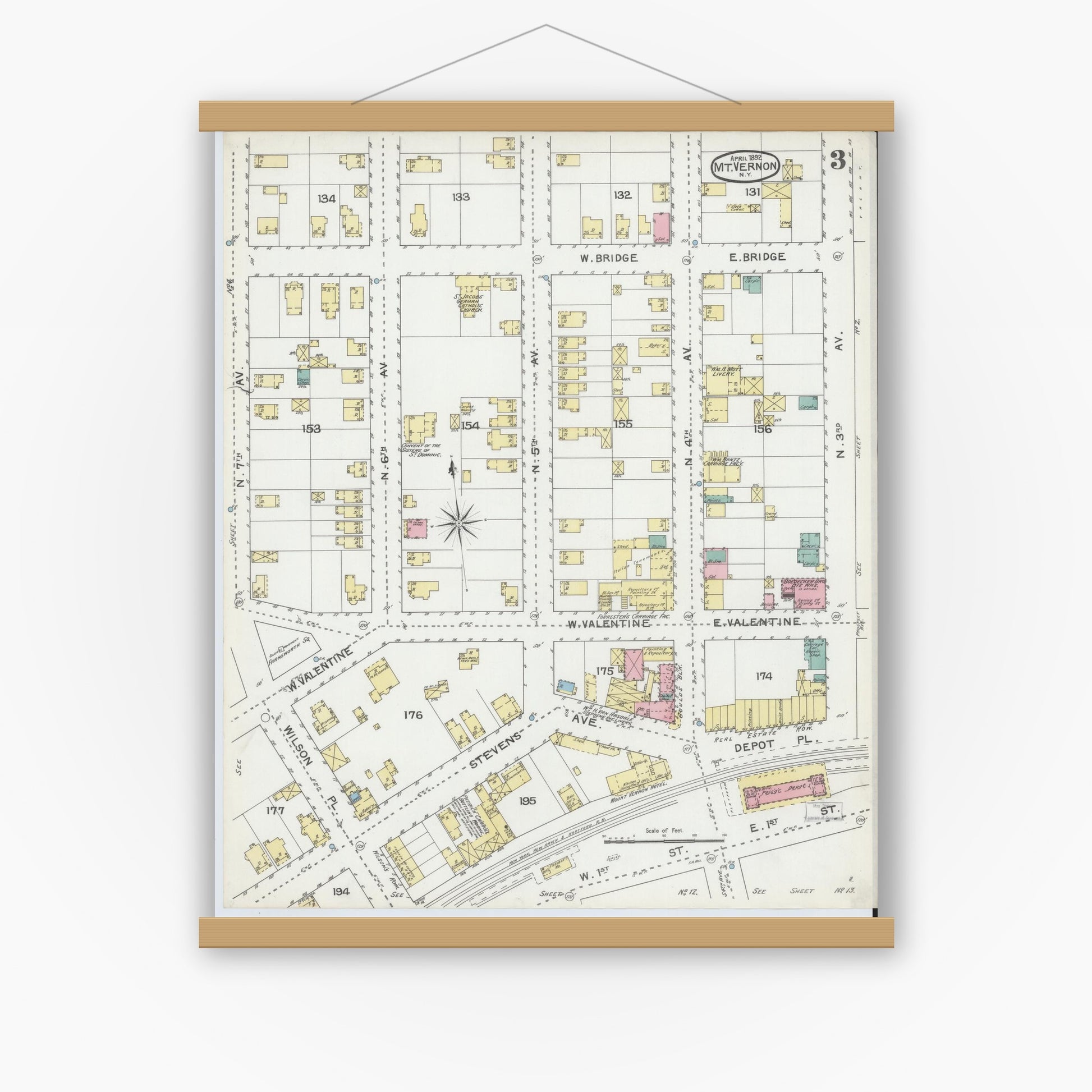 Old map wall art mockup — magnetic wood frame on white wall — Sanborn Fire Insurance Map from Mount Vernon, Westchester County, New York (1892), Sheet #0003