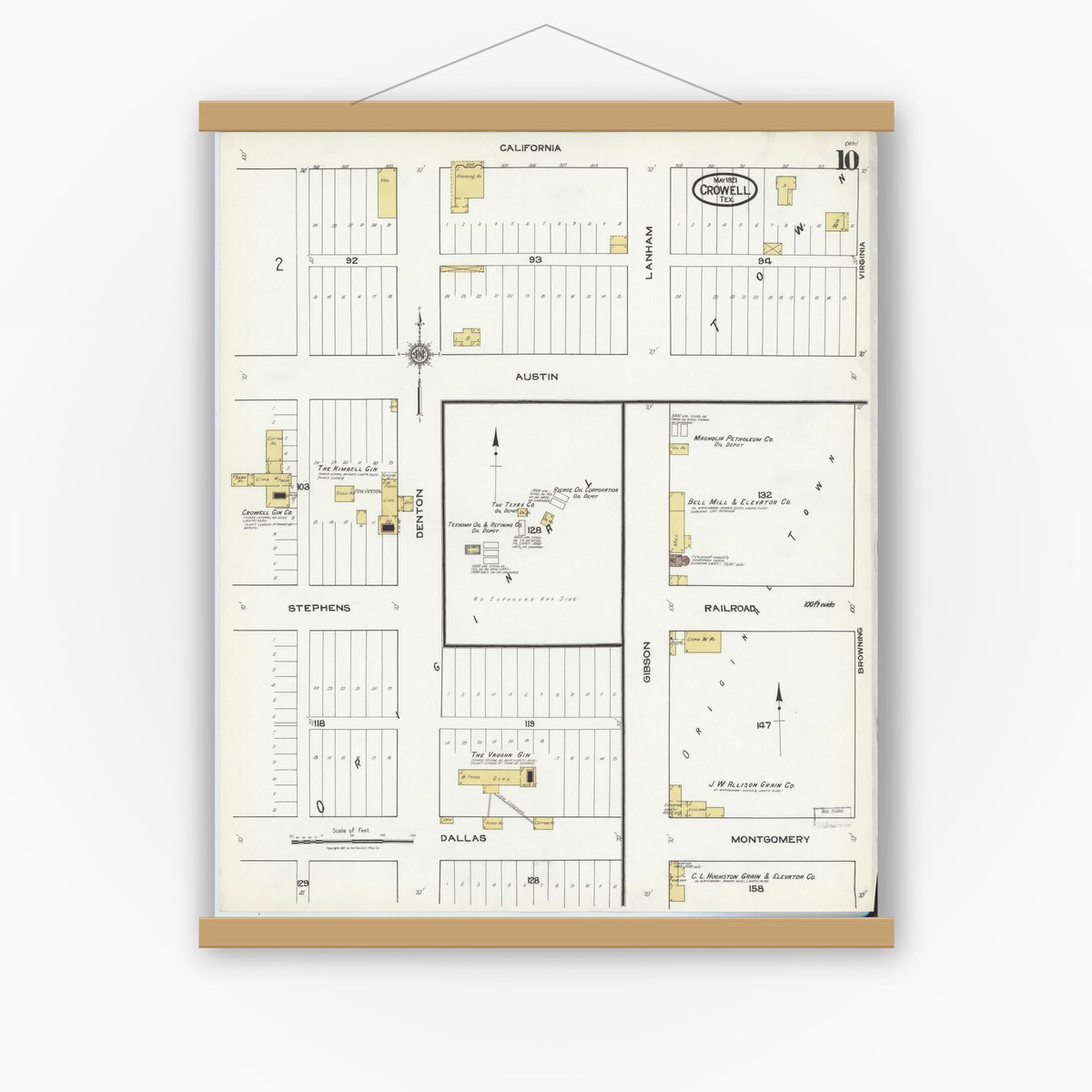 Old map wall art mockup — magnetic wood frame on white wall — Sanborn Fire Insurance Map from Crowell, Foard County, Texas (1921), Sheet #0010