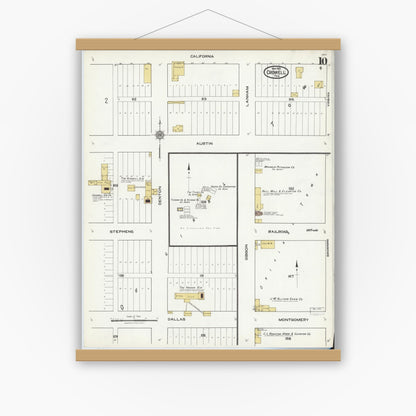 Old map wall art mockup — magnetic wood frame on white wall — Sanborn Fire Insurance Map from Crowell, Foard County, Texas (1921), Sheet #0010