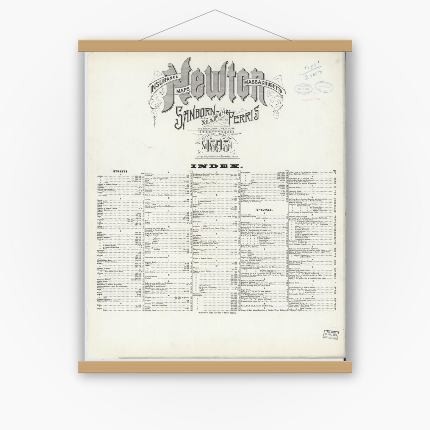 Old map wall art mockup — magnetic wood frame on white wall — Sanborn Fire Insurance Map from Newton, Middlesex County, Massachusetts (1898), Sheet #0001