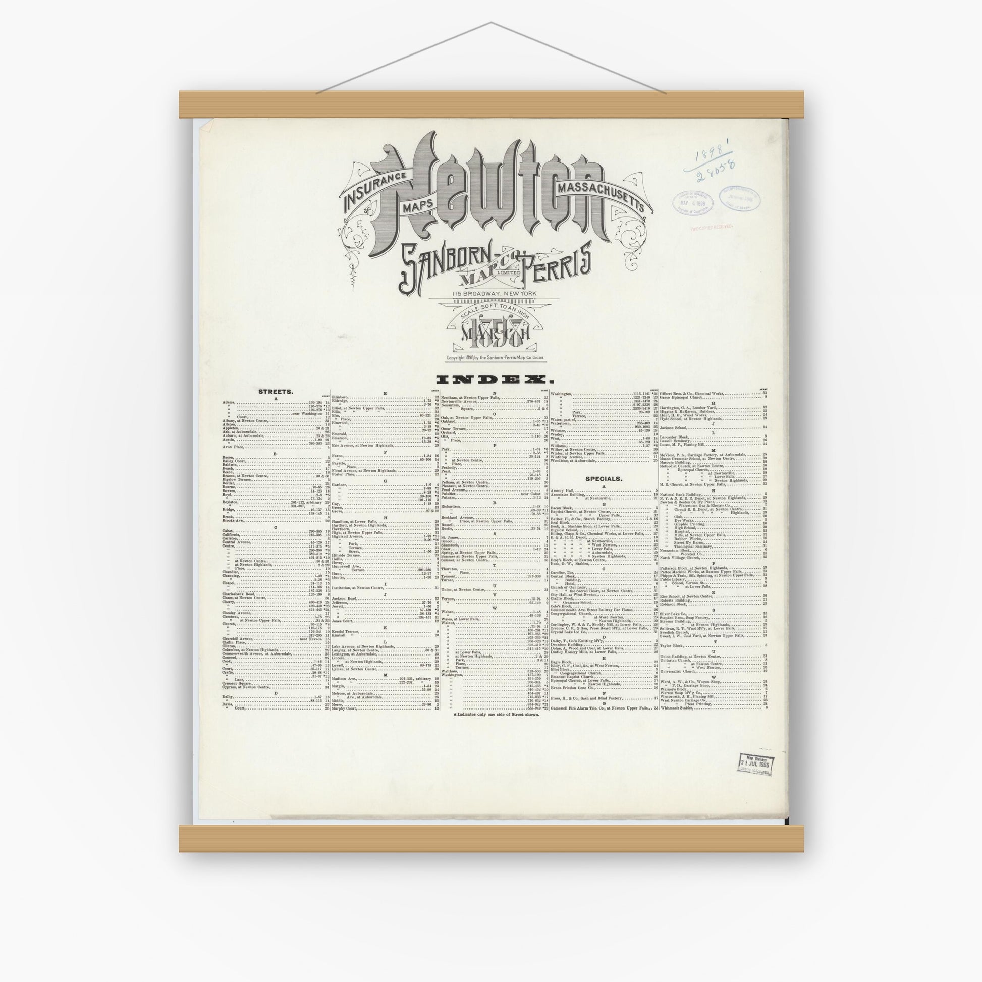 Old map wall art mockup — magnetic wood frame on white wall — Sanborn Fire Insurance Map from Newton, Middlesex County, Massachusetts (1898), Sheet #0001