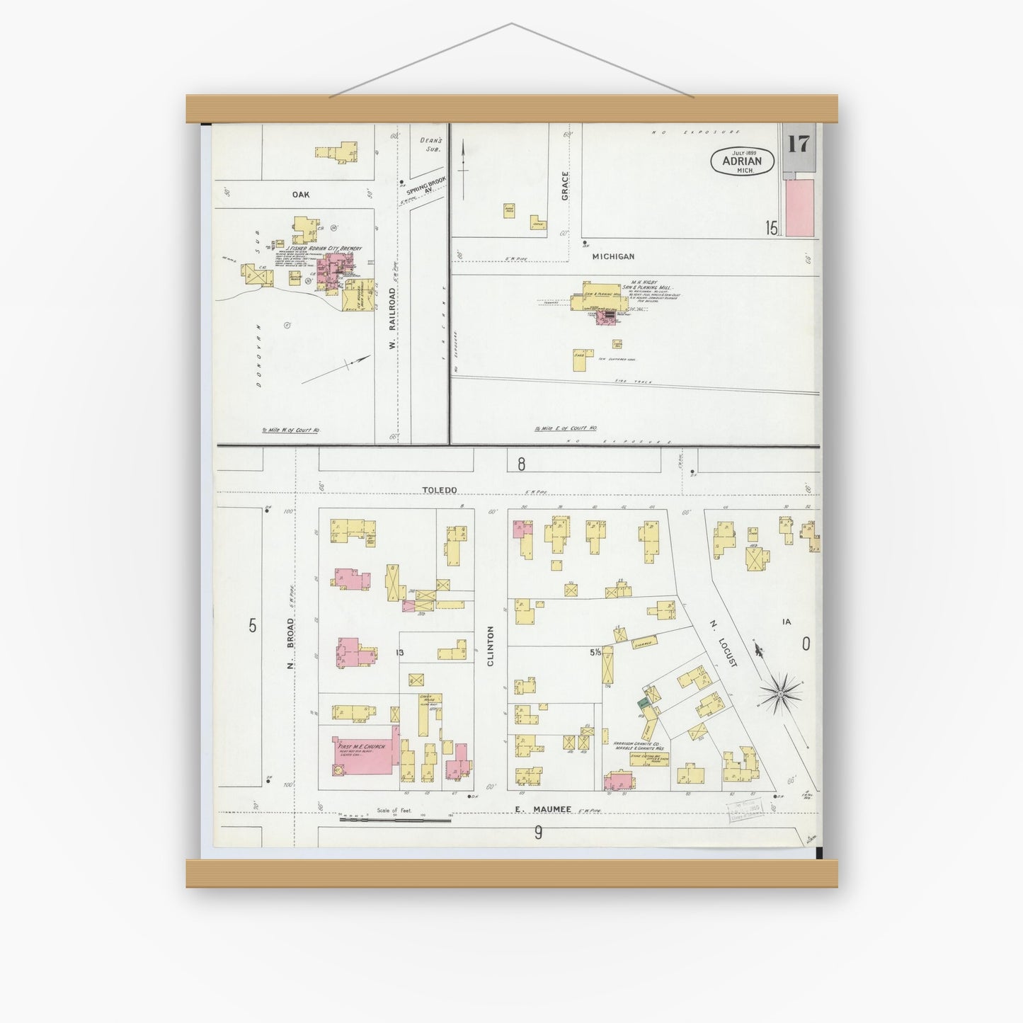Old map wall art mockup — magnetic wood frame on white wall — Sanborn Fire Insurance Map from Adrian, Lenawee County, Michigan (1899), Sheet #0017