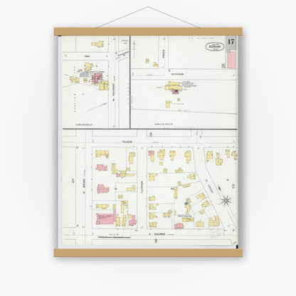 Old map wall art mockup — magnetic wood frame on white wall — Sanborn Fire Insurance Map from Adrian, Lenawee County, Michigan (1899), Sheet #0017