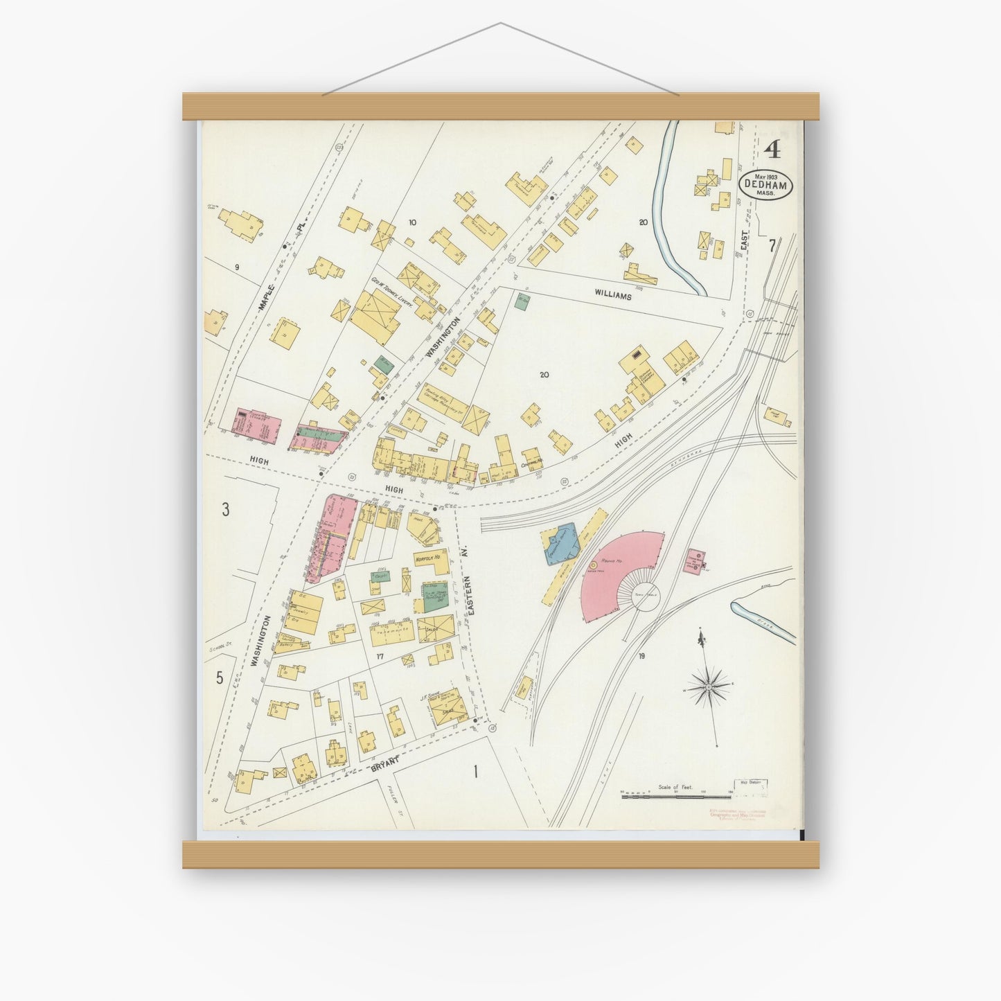 Old map wall art mockup — magnetic wood frame on white wall — Sanborn Fire Insurance Map from Dedham, Norfolk County, Massachusetts (1903), Sheet #0004