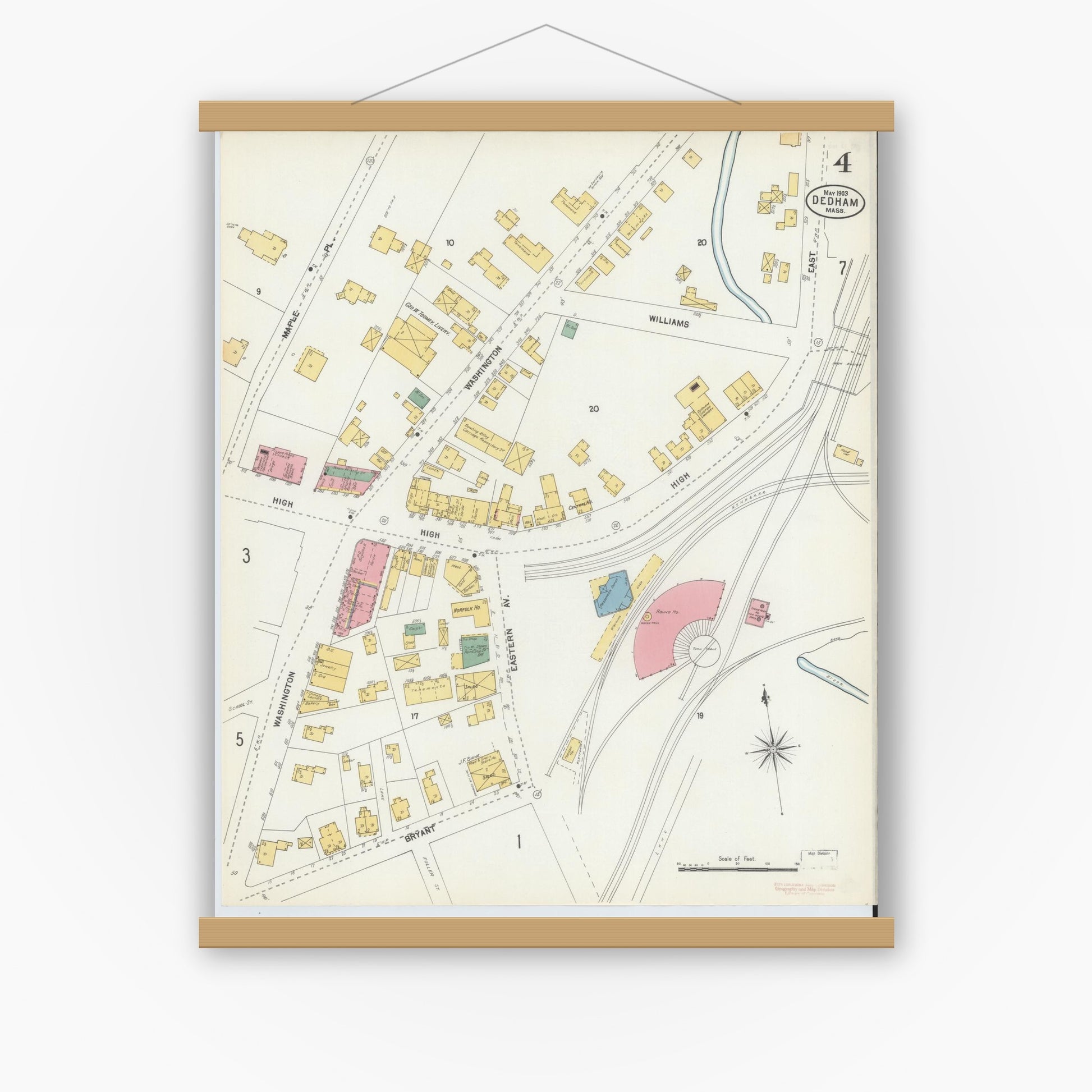 Old map wall art mockup — magnetic wood frame on white wall — Sanborn Fire Insurance Map from Dedham, Norfolk County, Massachusetts (1903), Sheet #0004