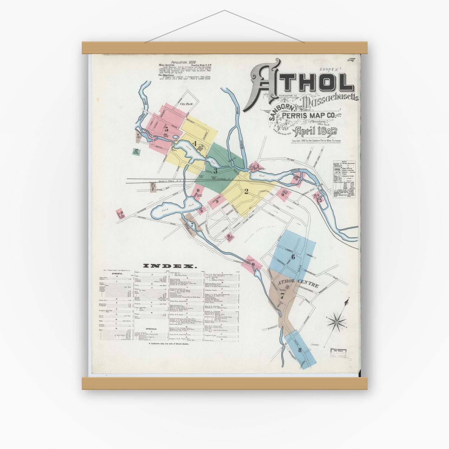 Old map wall art mockup — magnetic wood frame on white wall — Sanborn Fire Insurance Map from Athol, Worcester County, Massachusetts (1892) - Complete Map Set