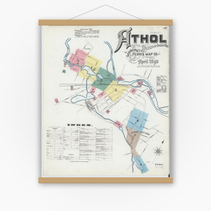 Old map wall art mockup — magnetic wood frame on white wall — Sanborn Fire Insurance Map from Athol, Worcester County, Massachusetts (1892) - Complete Map Set