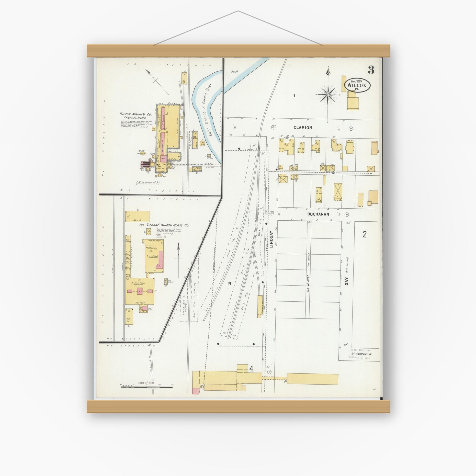 Old map wall art mockup — magnetic wood frame on white wall — Sanborn Fire Insurance Map from Wilcox, Elk County, Pennsylvania (1900), Sheet #0003