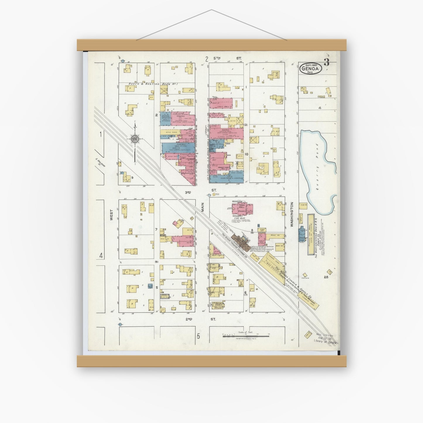 Old map wall art mockup — magnetic wood frame on white wall — Sanborn Fire Insurance Map from Genoa, Ottawa County, Ohio (1920), Sheet #0003