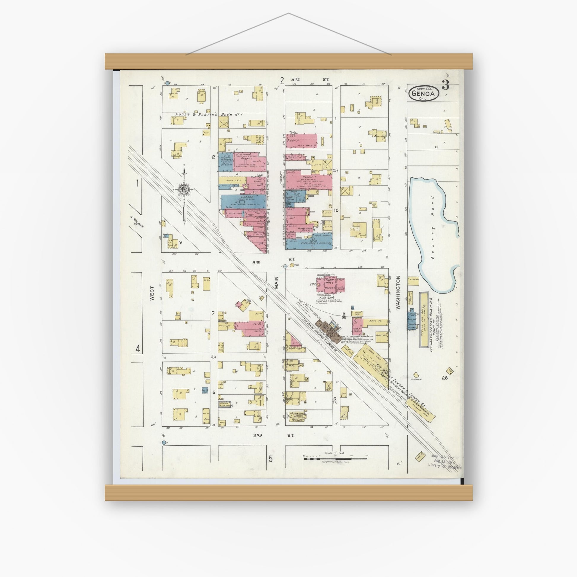Old map wall art mockup — magnetic wood frame on white wall — Sanborn Fire Insurance Map from Genoa, Ottawa County, Ohio (1920), Sheet #0003
