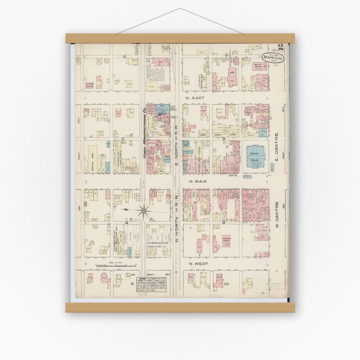Old map wall art mockup — magnetic wood frame on white wall — Sanborn Fire Insurance Map from Marion, Marion County, Ohio (1884), Sheet #0002