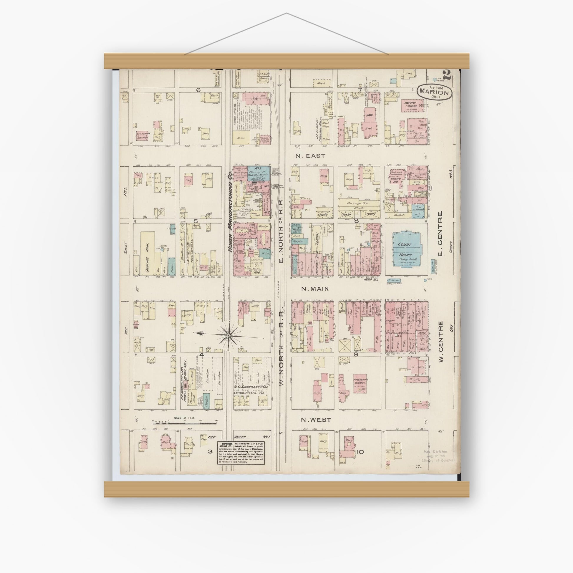 Old map wall art mockup — magnetic wood frame on white wall — Sanborn Fire Insurance Map from Marion, Marion County, Ohio (1884), Sheet #0002