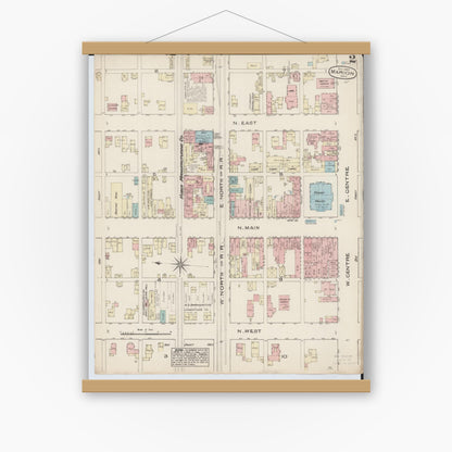 Old map wall art mockup — magnetic wood frame on white wall — Sanborn Fire Insurance Map from Marion, Marion County, Ohio (1884), Sheet #0002