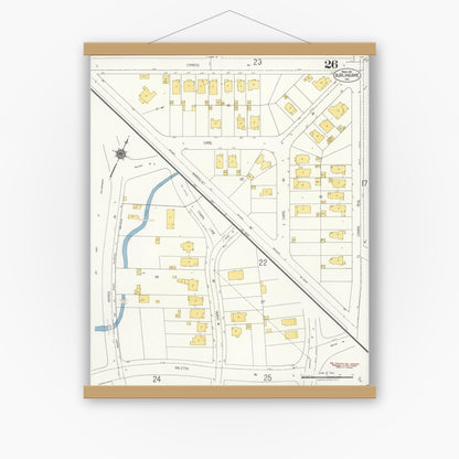 Old map wall art mockup — magnetic wood frame on white wall — Sanborn Fire Insurance Map from Burlingame, San Mateo County, California (1921), Sheet #0026