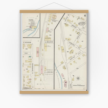 Old map wall art mockup — magnetic wood frame on white wall — Sanborn Fire Insurance Map from Butler, Butler County, Pennsylvania (1886), Sheet #0006
