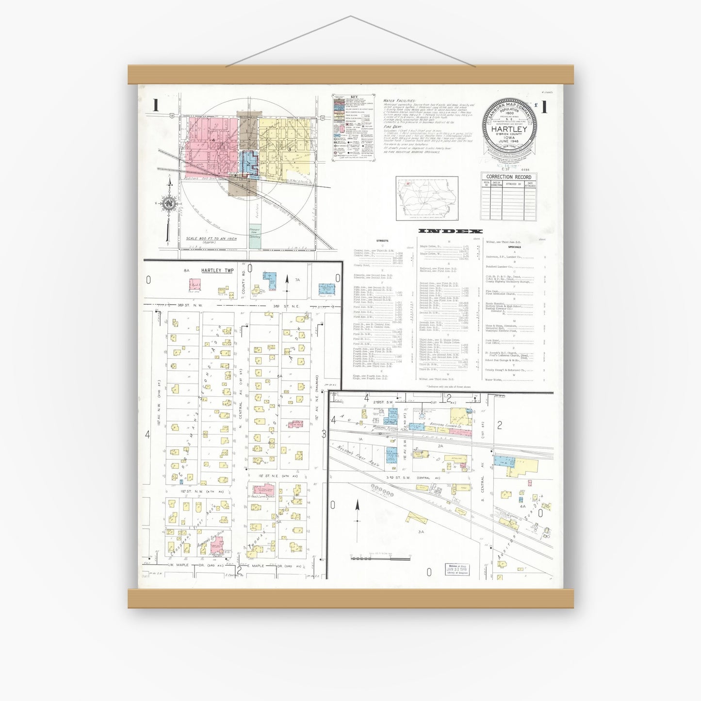 Old map wall art mockup — magnetic wood frame on white wall — Sanborn Fire Insurance Map from Hartley, O'Brien County, Iowa (1948) â€” Complete Set