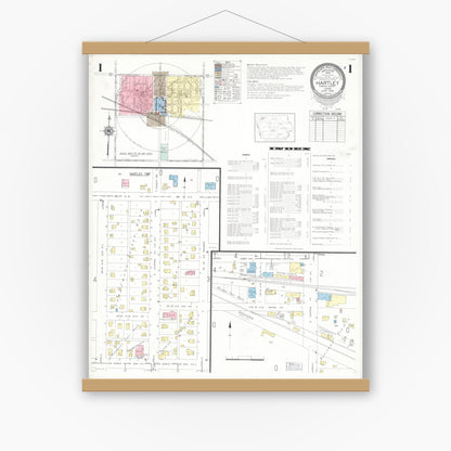 Old map wall art mockup — magnetic wood frame on white wall — Sanborn Fire Insurance Map from Hartley, O'Brien County, Iowa (1948) â€” Complete Set