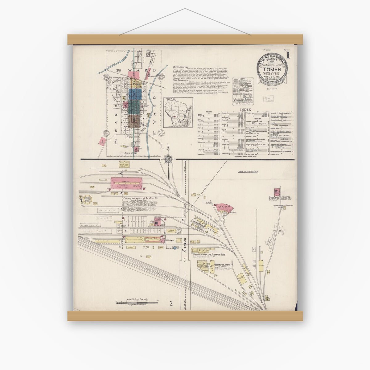 Old map wall art mockup — magnetic wood frame on white wall — Sanborn Fire Insurance Map from Tomah, Monroe County, Wisconsin (1922) - Complete Map Set