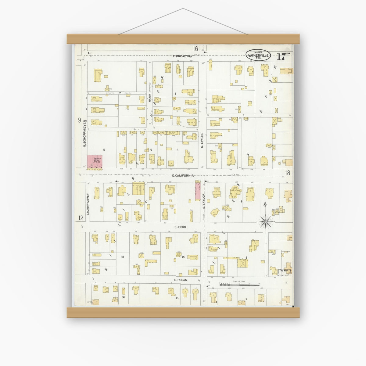 Old map wall art mockup — magnetic wood frame on white wall — Sanborn Fire Insurance Map from Gainesville, Cooke County, Texas (1902), Sheet #0017