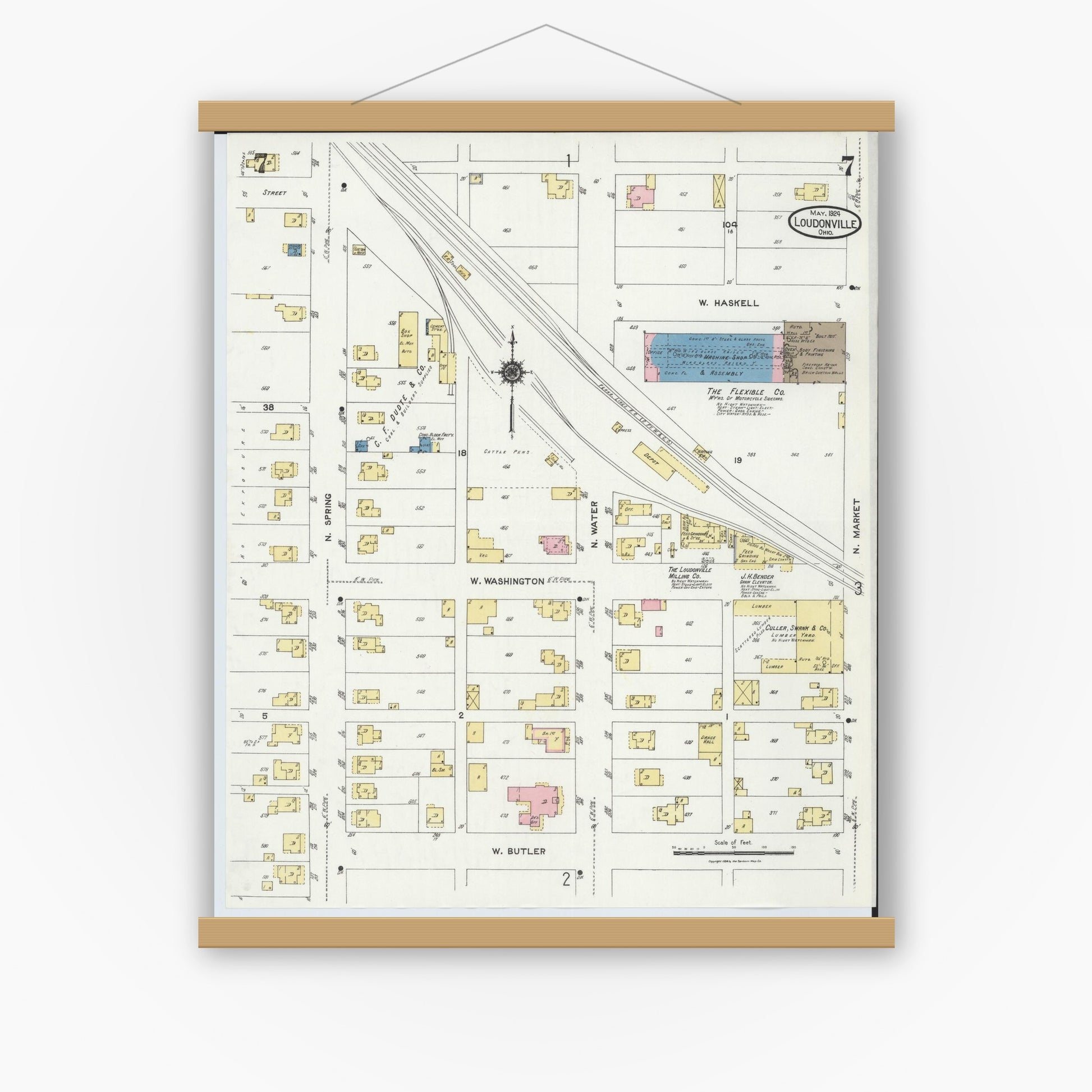 Old map wall art mockup — magnetic wood frame on white wall — Sanborn Fire Insurance Map from Loudonville, Ashland County, Ohio (1924), Sheet #0007