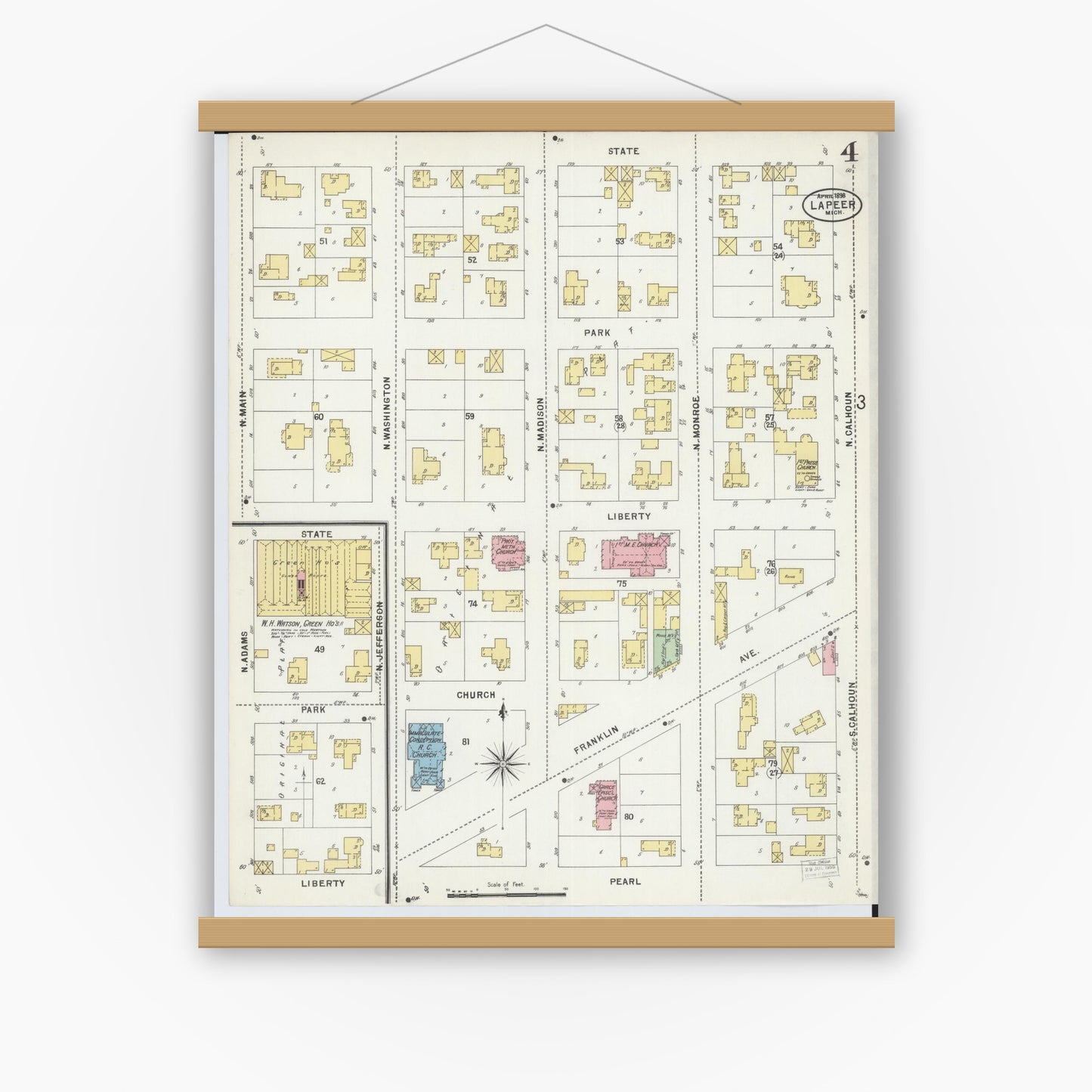 Old map wall art mockup — magnetic wood frame on white wall — Sanborn Fire Insurance Map from Lapeer, Lapeer County, Michigan (1898), Sheet #0004