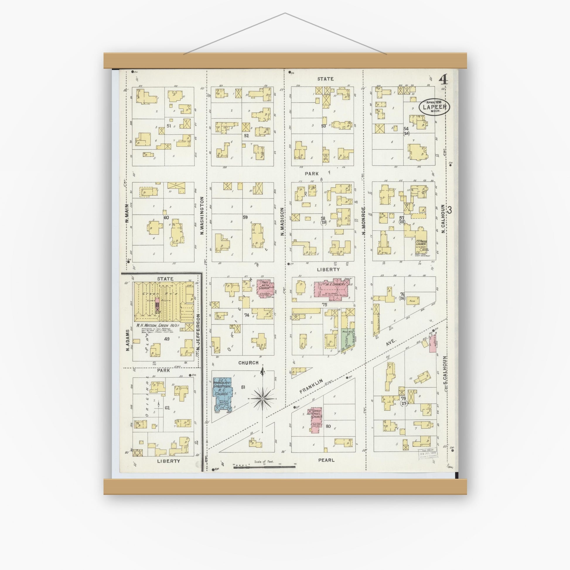 Old map wall art mockup — magnetic wood frame on white wall — Sanborn Fire Insurance Map from Lapeer, Lapeer County, Michigan (1898), Sheet #0004