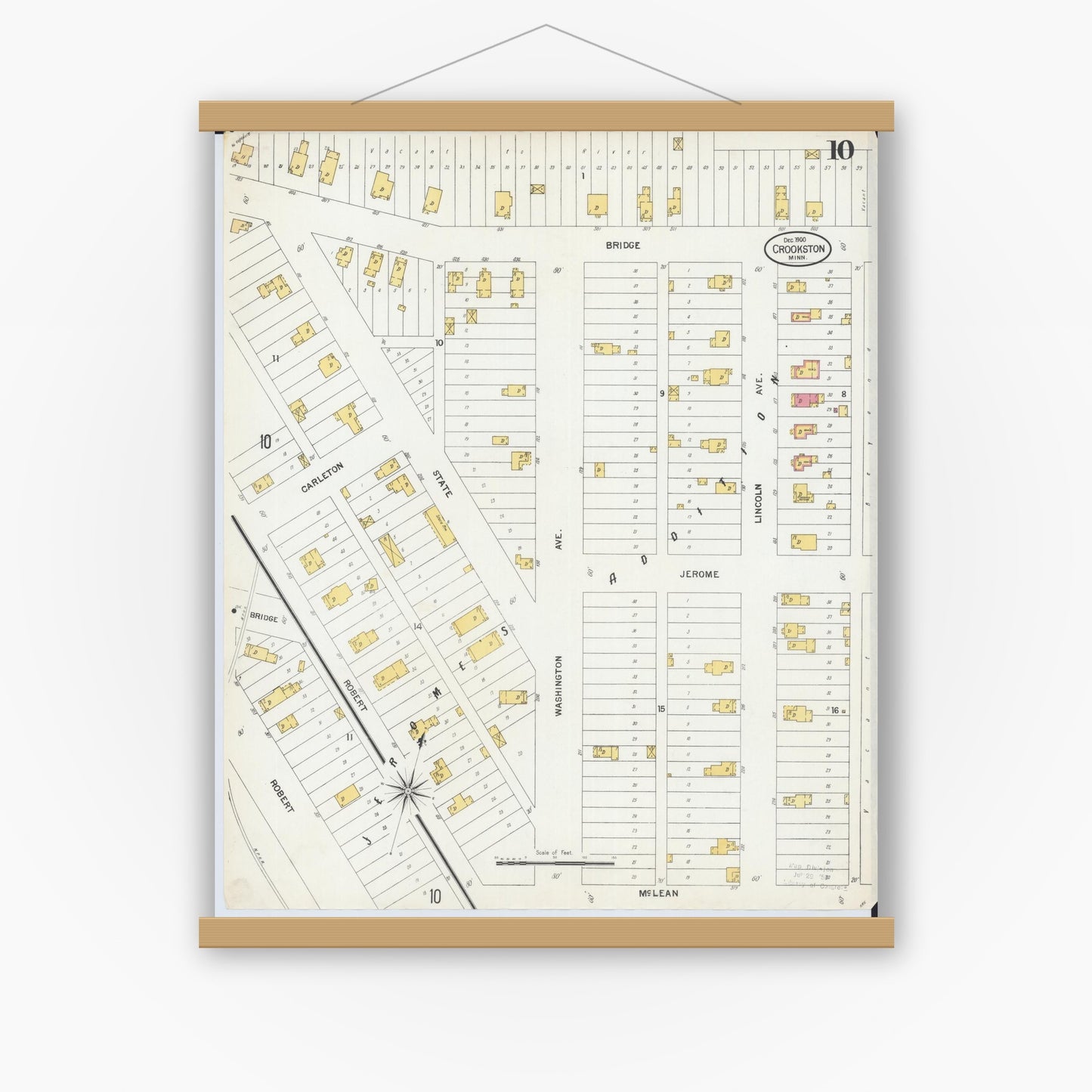 Old map wall art mockup — magnetic wood frame on white wall — Sanborn Fire Insurance Map from Crookston, Polk County, Minnesota (1900), Sheet #0010
