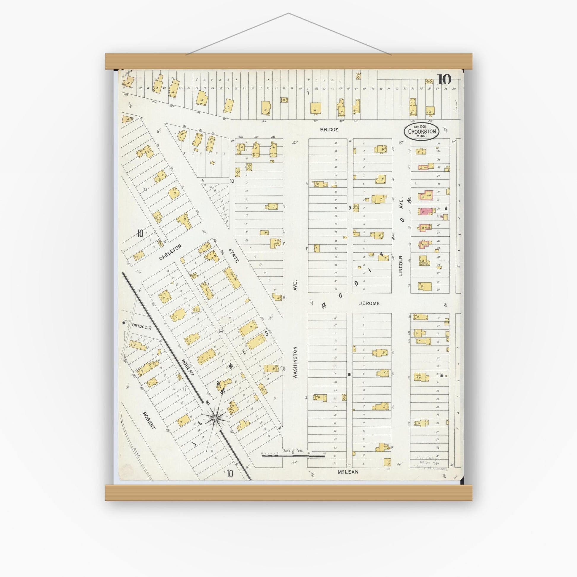 Old map wall art mockup — magnetic wood frame on white wall — Sanborn Fire Insurance Map from Crookston, Polk County, Minnesota (1900), Sheet #0010