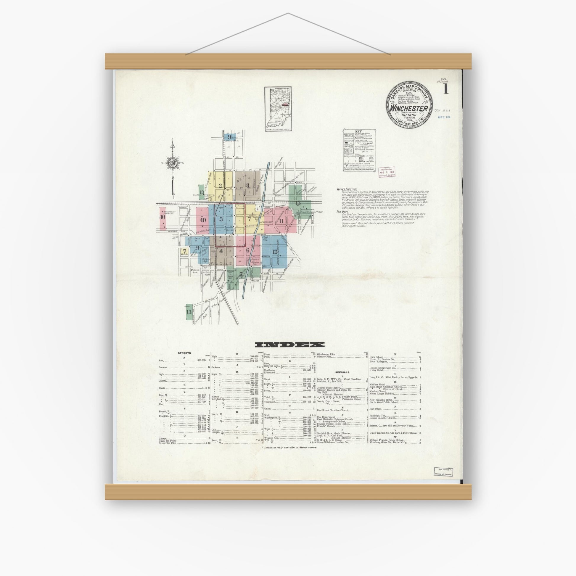 Old map wall art mockup — magnetic wood frame on white wall — Sanborn Fire Insurance Map from Winchester, Randolph County, Indiana (1914) - Complete Map Set