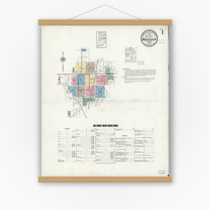 Old map wall art mockup — magnetic wood frame on white wall — Sanborn Fire Insurance Map from Winchester, Randolph County, Indiana (1914) - Complete Map Set