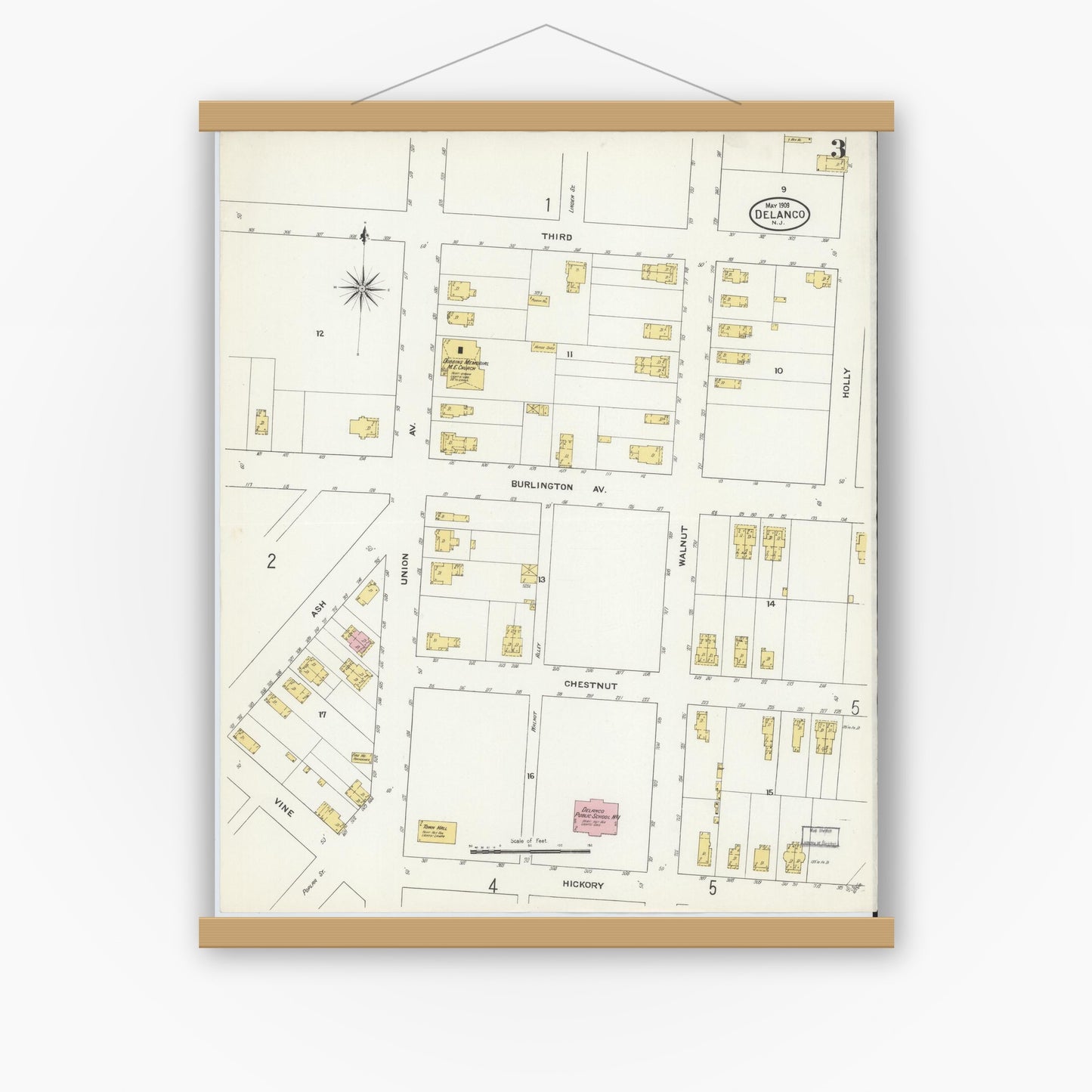 Old map wall art mockup — magnetic wood frame on white wall — Sanborn Fire Insurance Map from Delanco, Burlington County, New Jersey (1909), Sheet #0003